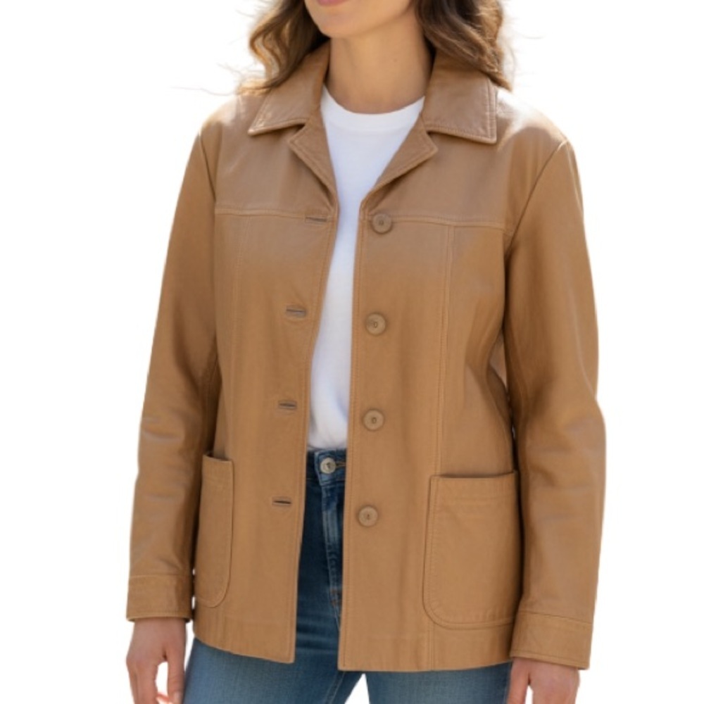 VINTAGE Y2K Danier Canada Camel Brown Leather Jacket Button Front Pockets 10